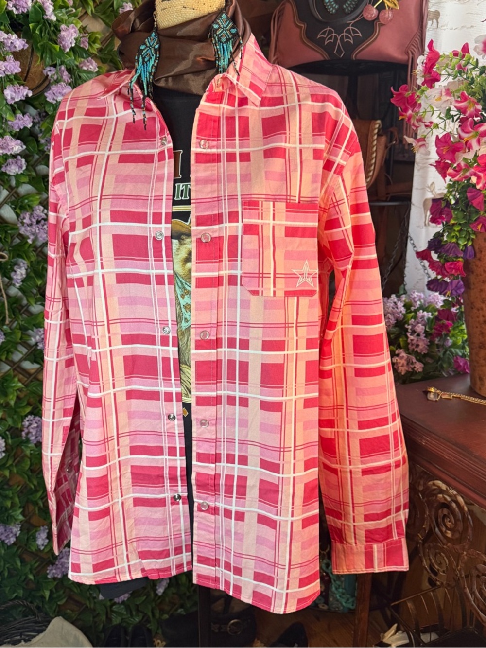 Jeffree Star Cowgirl Queen Pink Plaid Button-Up Shirt - Casual Long Sleeve